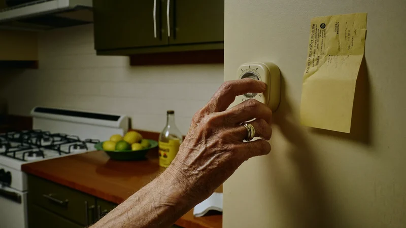 Una mano anziana accende la luce in cucina vicino a una bolletta chiusa
