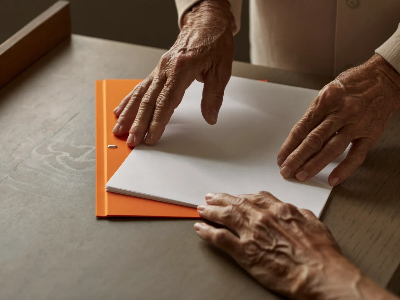 Mani anziane ordinano fogli bianchi in una cartellina colorata sul tavolo