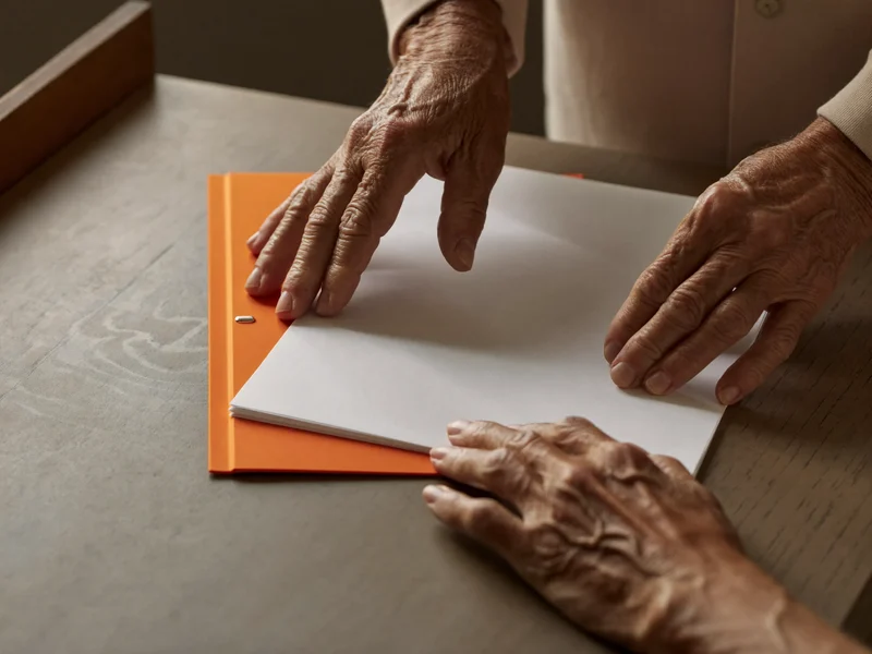 Mani anziane ordinano fogli bianchi in una cartellina colorata sul tavolo
